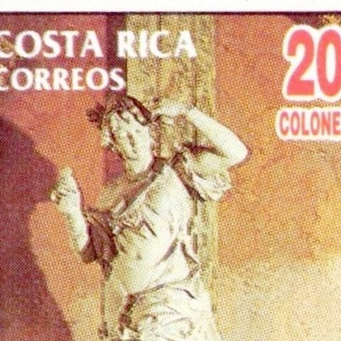 En la imagen se puede apreciar la escultura conocida como La Danza de Adriático Froli, la original se encuentra en el primer vestíbulo del Teatro Nacional, y una réplica en el frontón principal, adornando la fachada. Estampilla de 20 colones, publicada 