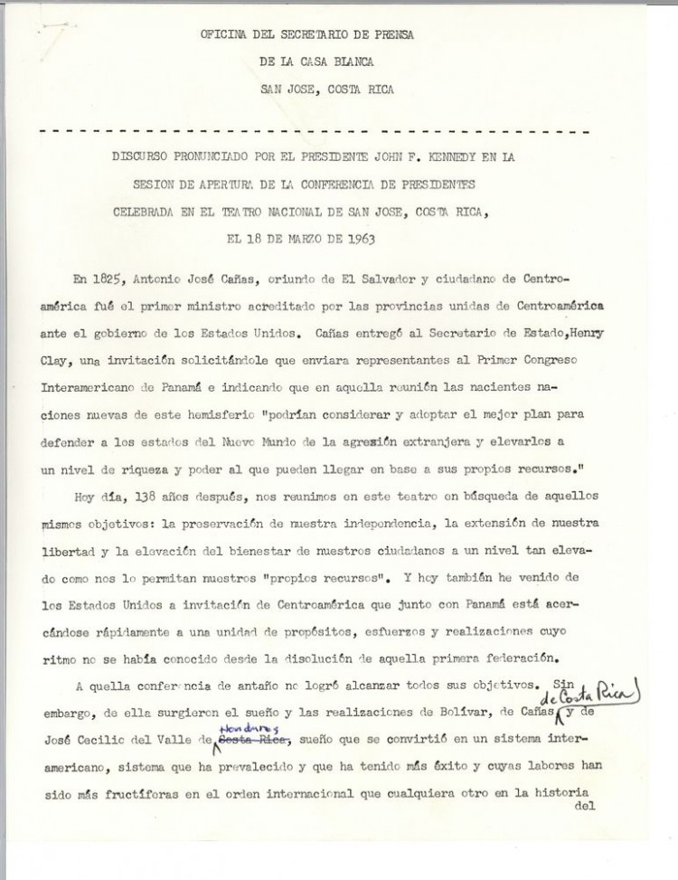 Discurso  John Fitzgerald Kennedy Conferencia Presidentes en Teatro Nacional de  Costa Rica 